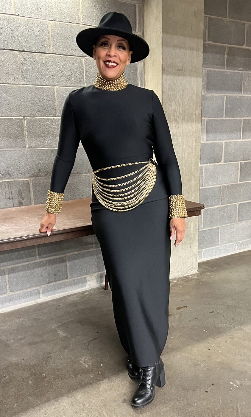 Cyriese Lambert backstage in performance outfit